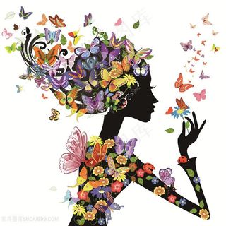 唯美花卉蝴蝶美女艺术插画