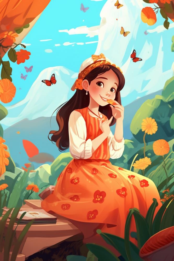 清新花草女孩蝴蝶插画背景