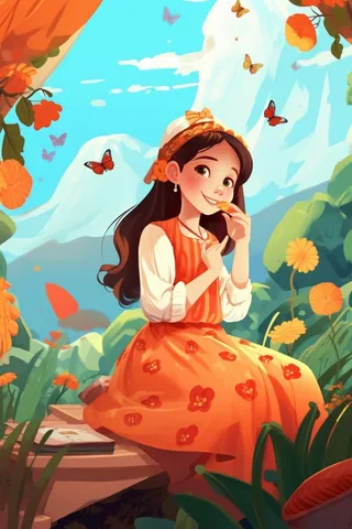 清新花草女孩蝴蝶插画背景