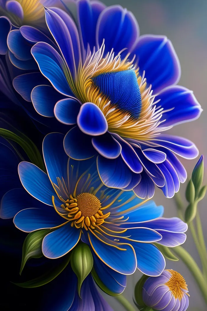 优雅蓝极致细节鲜花插画