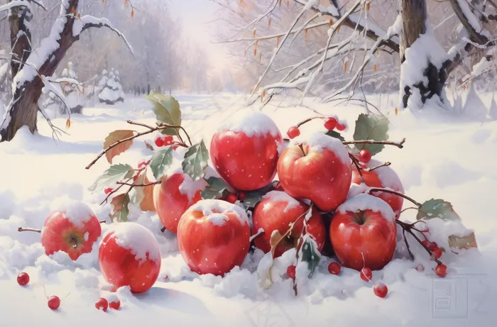 雪地里的红苹果卡通插画素材(4080x2688)