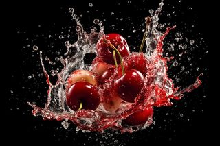 水果牛奶碰撞融合车厘子液体撞击迸射瞬间摄影图