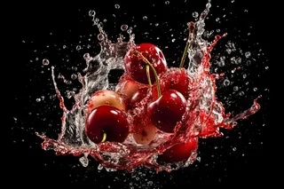 水果牛奶碰撞融合车厘子液体撞击迸射瞬间摄影图