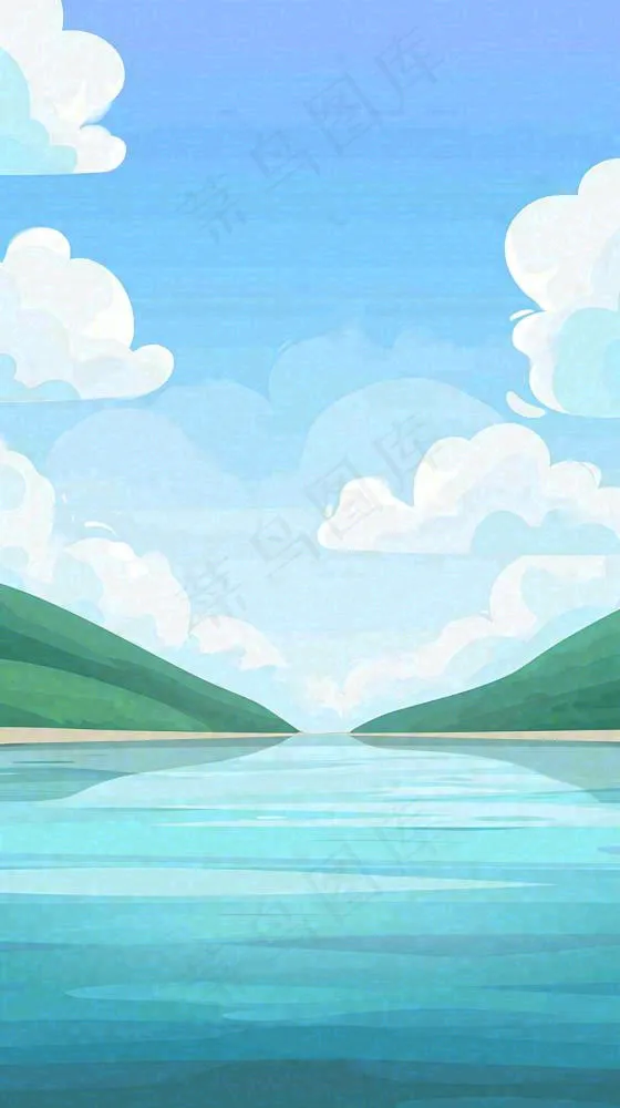 夏天蓝色扁平卡通插画蓝天白云湖水远山(816x1456)