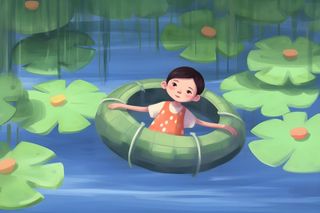 夏日玩水湖面植物荷叶睡莲插画背景