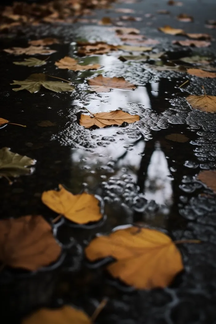 秋天雨天掉落地上的落叶黄叶摄影图(2688x4032)