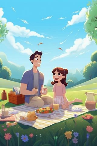 父亲和女儿草地上野餐背景