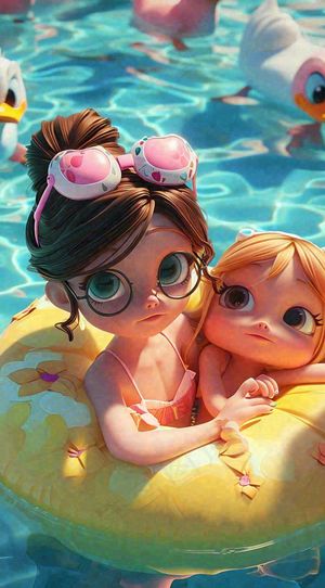 夏日卡通少女泳池游泳玩耍运动，夏天暑期