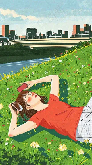 城市阳光蓝天白云人物在草地风景手绘插画，休闲