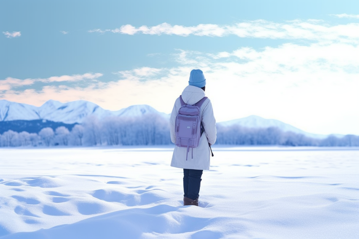 冬天一个女生背包走在山林里雪景摄影图(4032x2688)