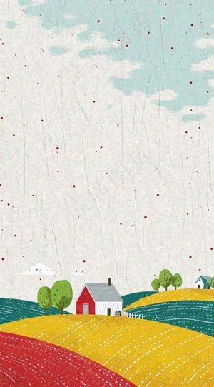 清新山脉草坪点线面扁平屋子树木手绘插画