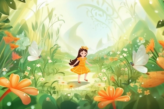 清新鲜花蝴蝶仙女精灵插画背景(1344x896)