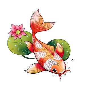 手绘国潮古风喜庆铜钱锦鲤鱼金鱼荷花插画场景装饰PSD设计素