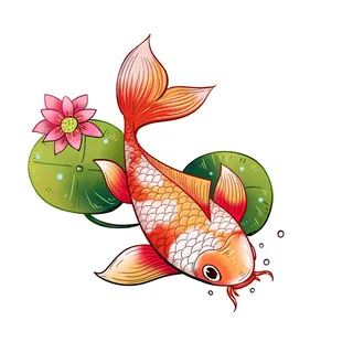 手绘国潮古风喜庆铜钱锦鲤鱼金鱼荷花插画场景装饰PSD设计素