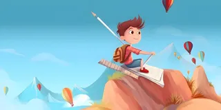 儿童放假写作业天空热气球卡通背景