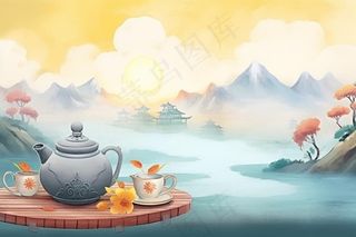 秋季山水赏菊泡茶重阳节插画素材