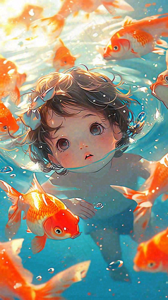 夏天泳池婴儿小孩游泳玩耍金鱼锦鲤，小暑大暑(816x1456)