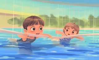 游泳池游泳儿童学生们玩乐蓝色卡通插画背景