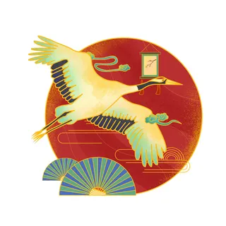 中国风国潮仙鹤山水插画手绘元素场景PSD设计素材