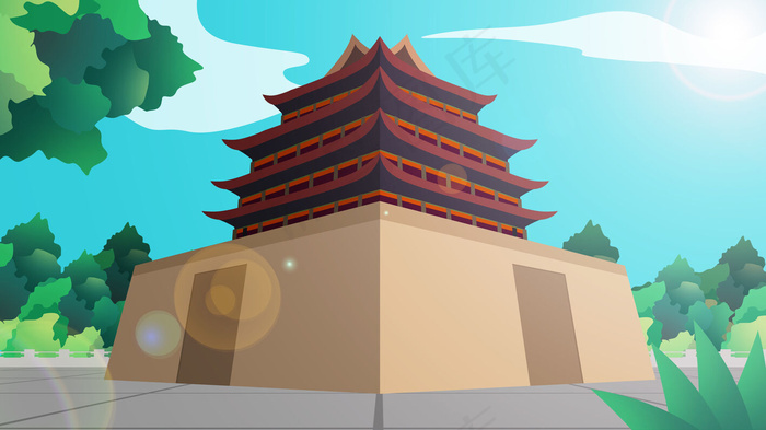 古风建筑插画psd模版下载