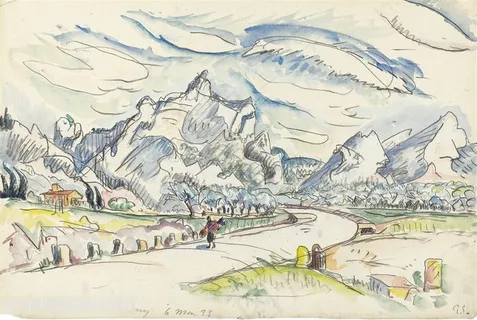 巍峨山脉道路行人插画装饰画 巍峨山脉道路行人插画装饰画