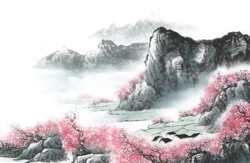 水墨山水风光桃花春季风光图片