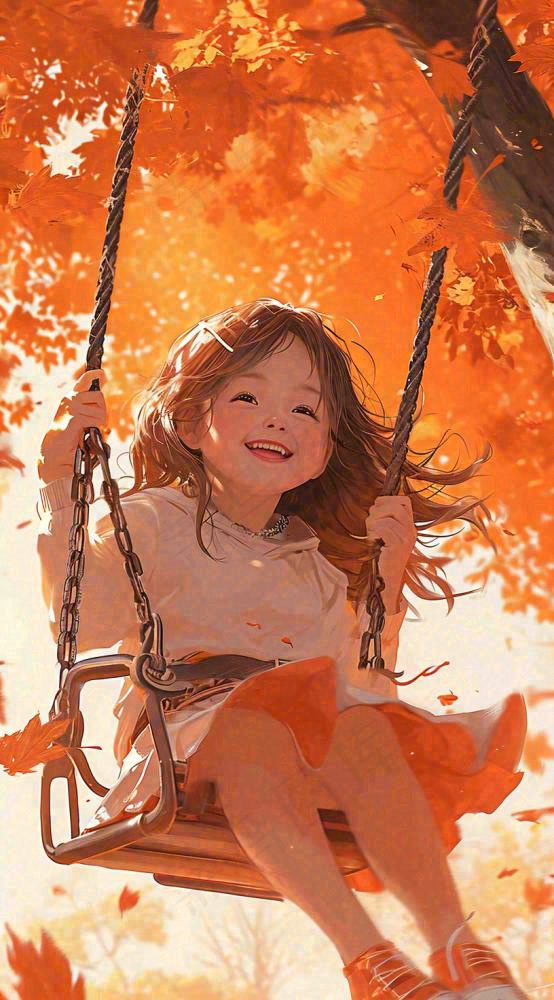 秋天浪漫秋叶儿童少女荡秋千插画，秋分(816x1472)