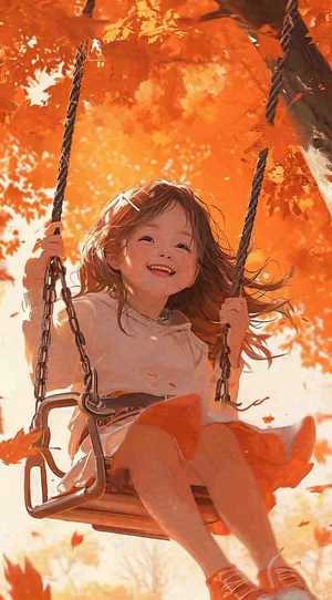 秋天浪漫秋叶儿童少女荡秋千插画，秋分
