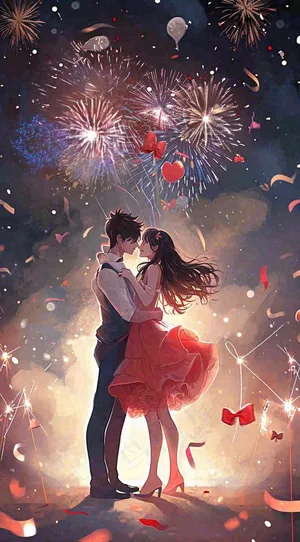 浪漫情人节爱心爱情夜晚烟花，跳舞插画