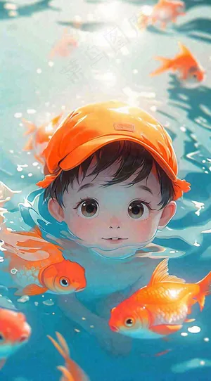 夏日阳光儿童男孩游水游泳泳池，金鱼温馨，夏天