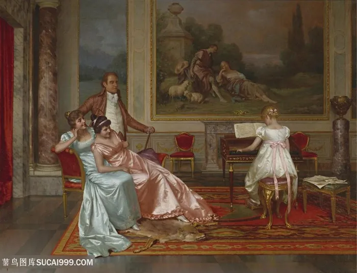 欧洲宫廷钢琴客厅美女油画