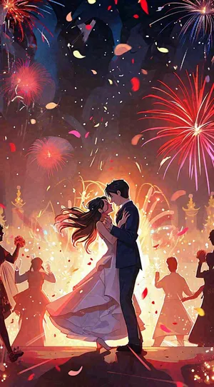 浪漫情人节爱心爱情夜晚烟花，跳舞插画