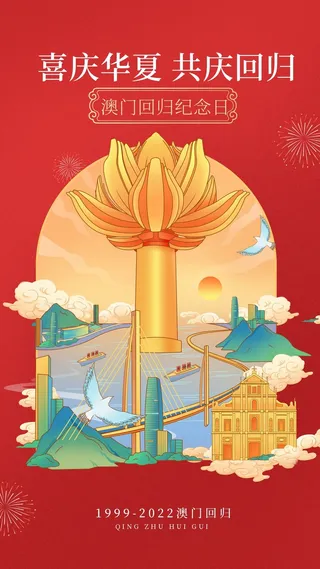 国潮手绘风澳门回归海报