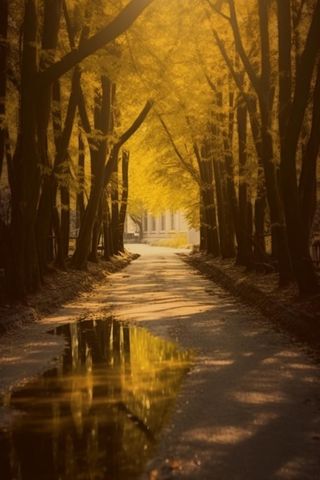 秋季金黄树叶街道唯美背景