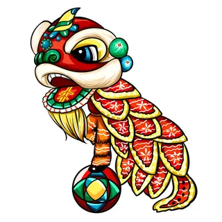 新年春节虎年元宵手绘人物舞狮卡通狮子头插画元素PSD设计素材