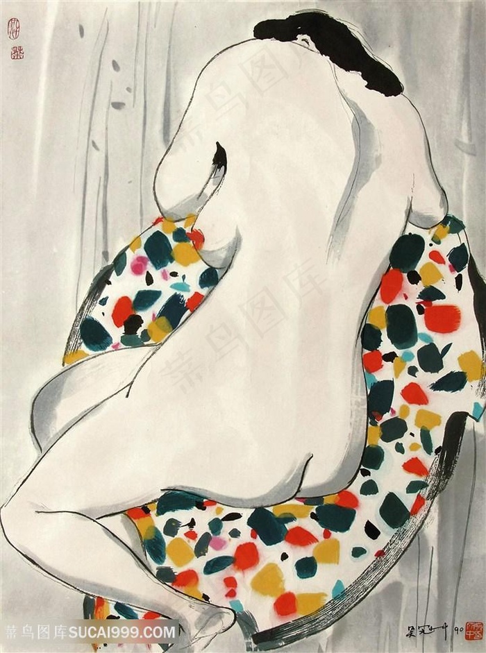 吴冠中手绘水彩裸体女性背影装饰画
