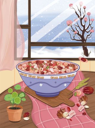 中国传统节日手绘卡通腊八节腊八粥插画海报PSD格式设计素材