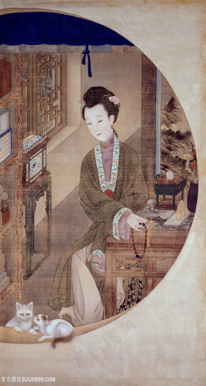 雍正十二绘身穿灰土棕色衣裳美人图绘画图片