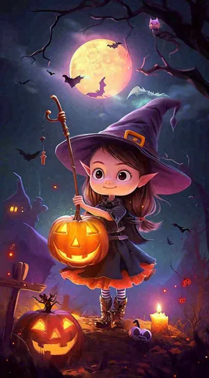 万圣节夜晚黑色南瓜恐怖卡通小鬼手绘插画