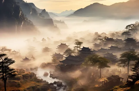 古代风格云雾缭绕群山之中有很多古代建筑,仙境