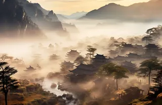 古代风格云雾缭绕群山之中有很多古代建筑,仙境