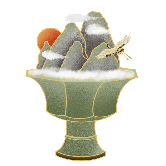 时尚微景观山水装饰庭院祥云中式国潮风插图插画元素素材设计模板