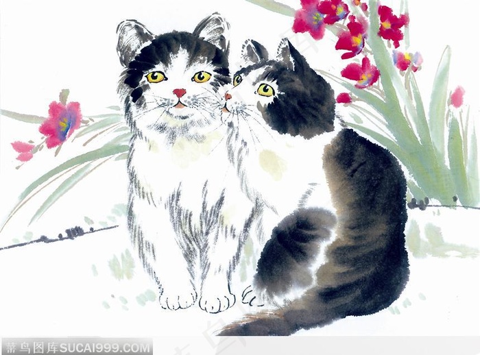 兰花旁依偎的小猫