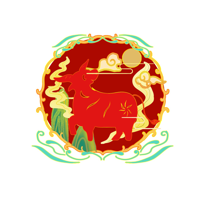 中国风国潮十二生肖牛手绘烫金插画春节剪纸元素PSD设计素材