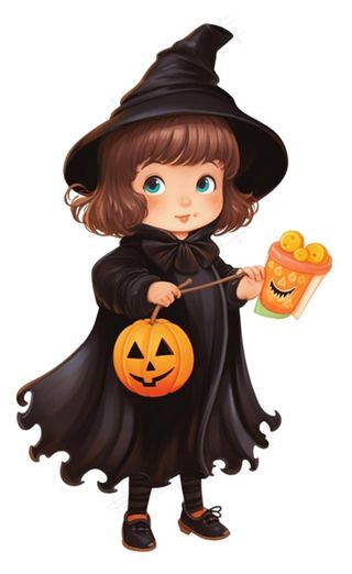 黑色女巫手拿南瓜灯万圣节卡通插画免抠