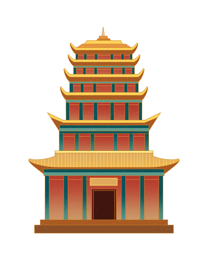 复古中国风国潮古建筑插画手绘高楼古塔PSD素材亭子png免抠图