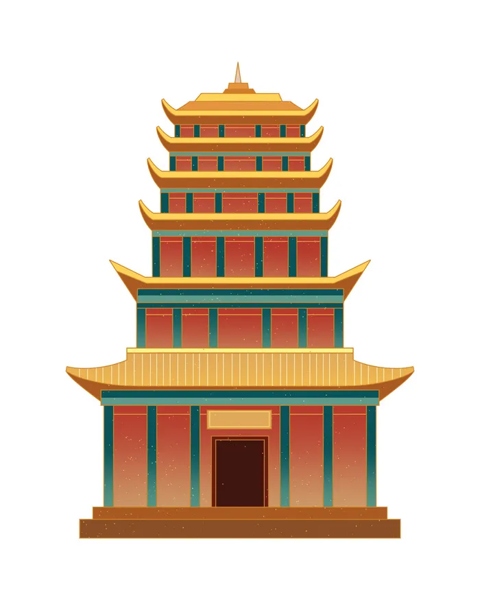 复古中国风国潮古建筑插画手绘高楼古塔PSD素材亭子png免抠图psd模版下载