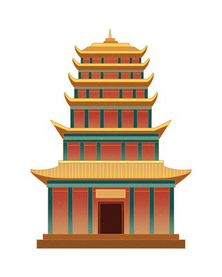 复古中国风国潮古建筑插画手绘高楼古塔PSD素材亭子png免抠图