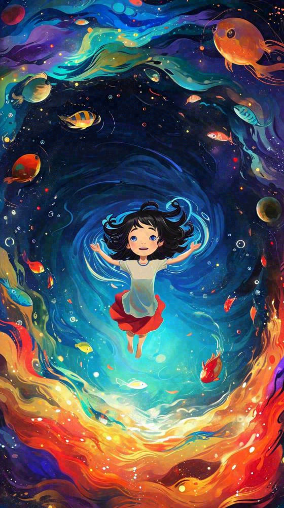 炫酷浪漫海洋海底水底可爱女孩手绘插画，鱼类水母生物(816x1456)