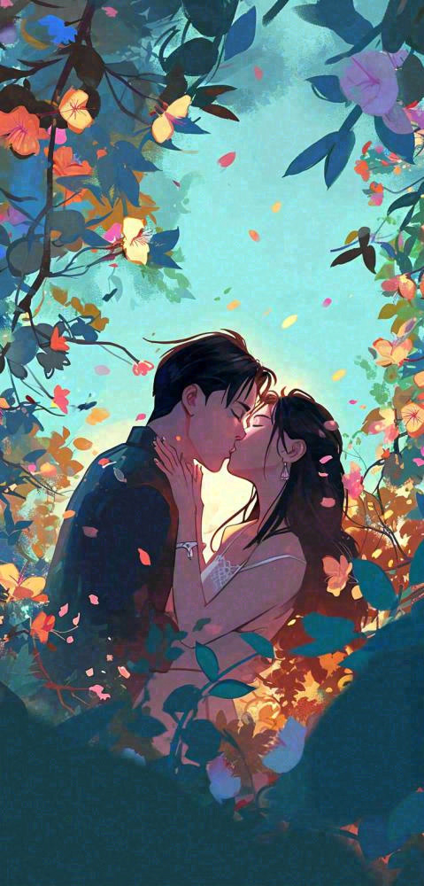 森林花丛里情侣拥抱亲吻爱情手绘插画，情人节(752x1568)